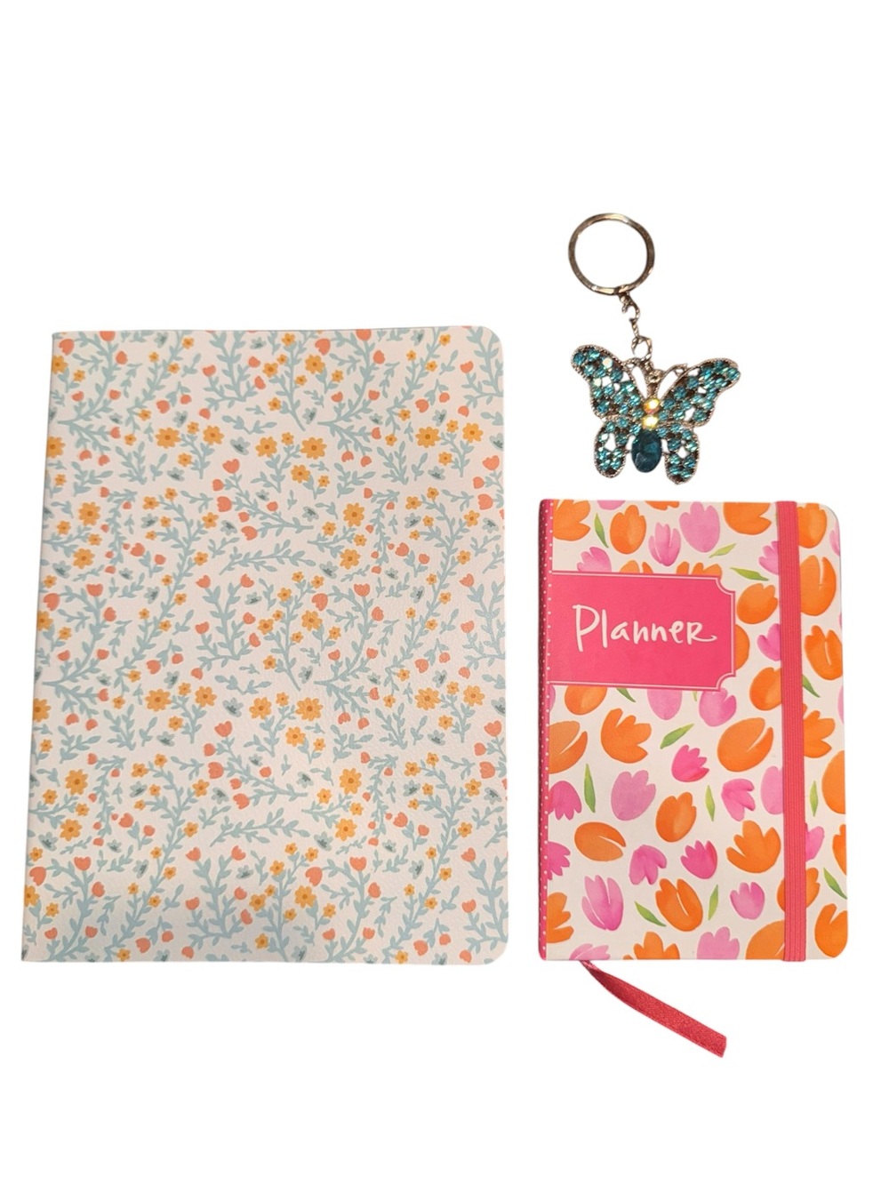 Floral Pink & Teal Notebook and Planner Set with Butterfly Keychain